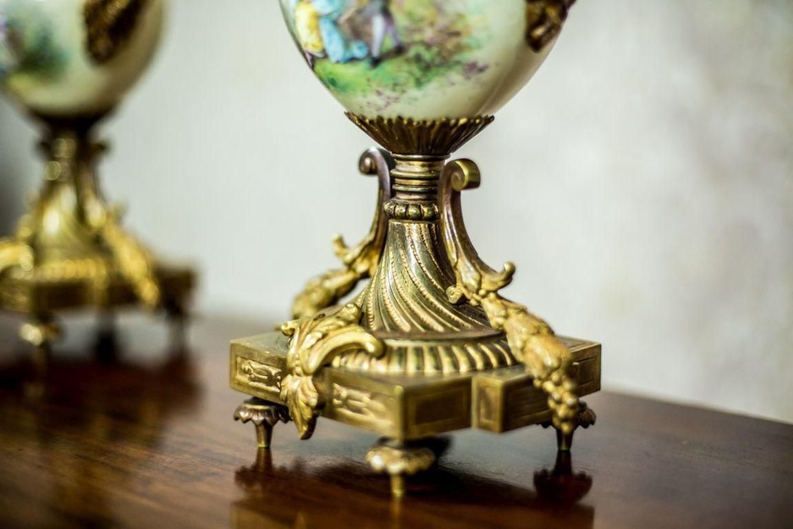 photo furniture Antique, Two Four Arm Candelabra With Porcelain And Brass Details, 19th Century