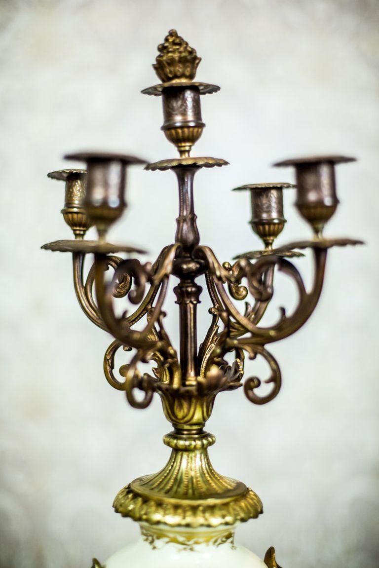 Home Decor Antique, Two Four Arm Candelabra With Porcelain And Brass Details, 19th Century photo