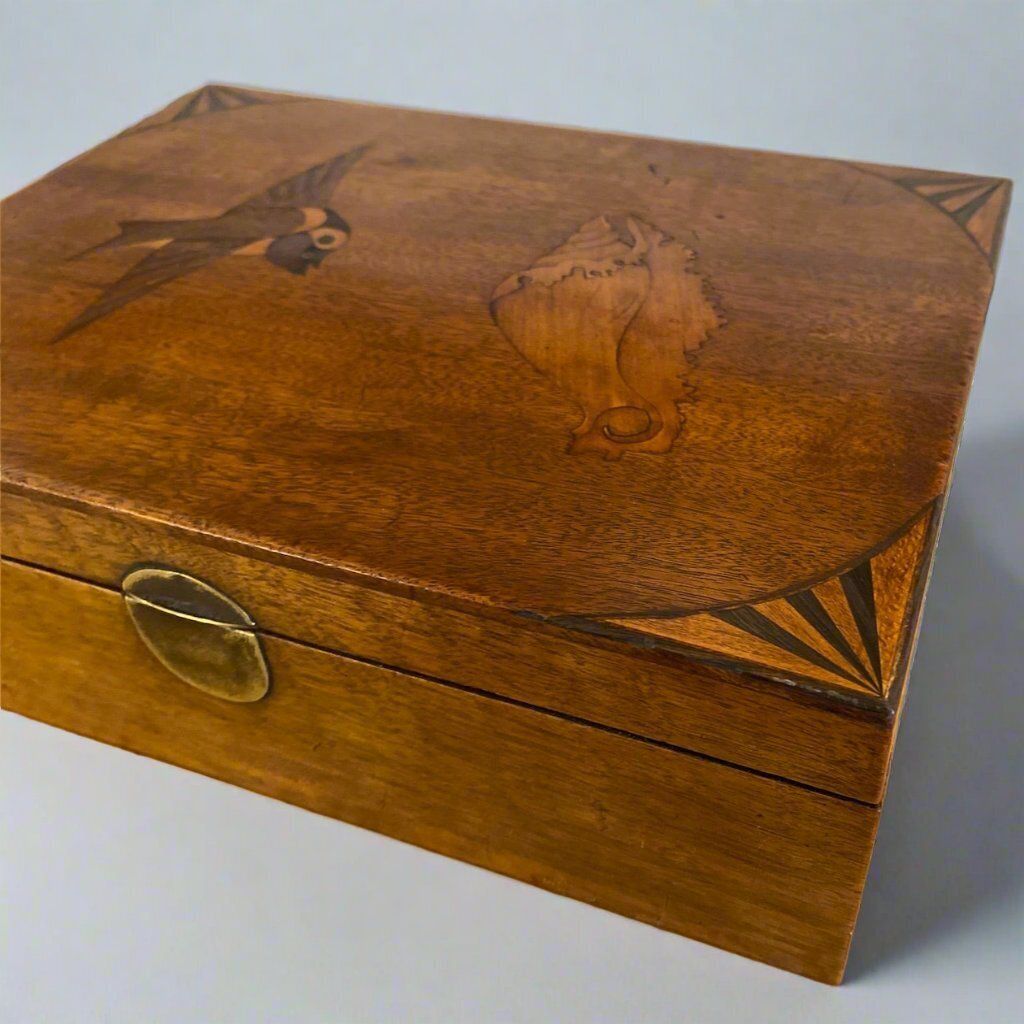 Antique Walnut Jewellery Box Inlaid With Bird & Conch Shell Circa 1890 photo for sale