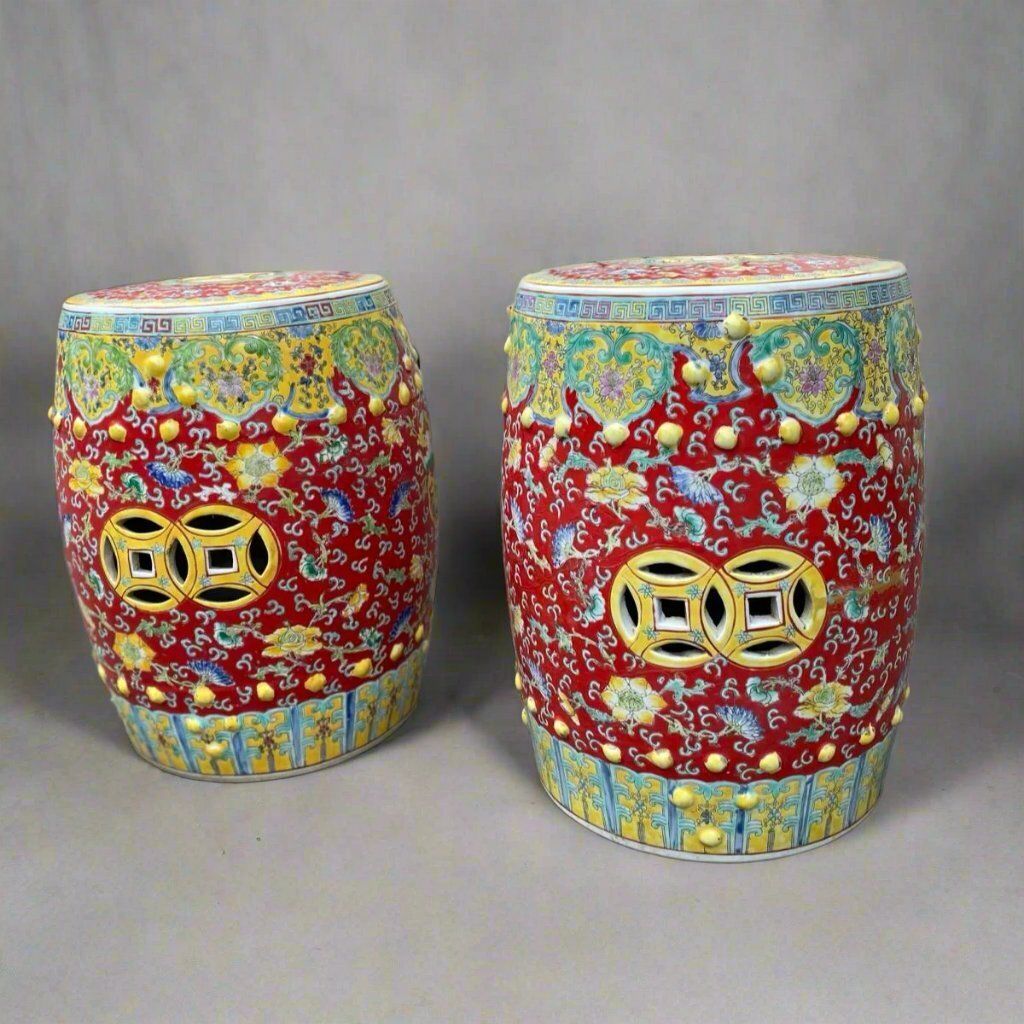 Pair Of Chinese Republic Garden Stools In Pink And Yellow Circa 1930 50