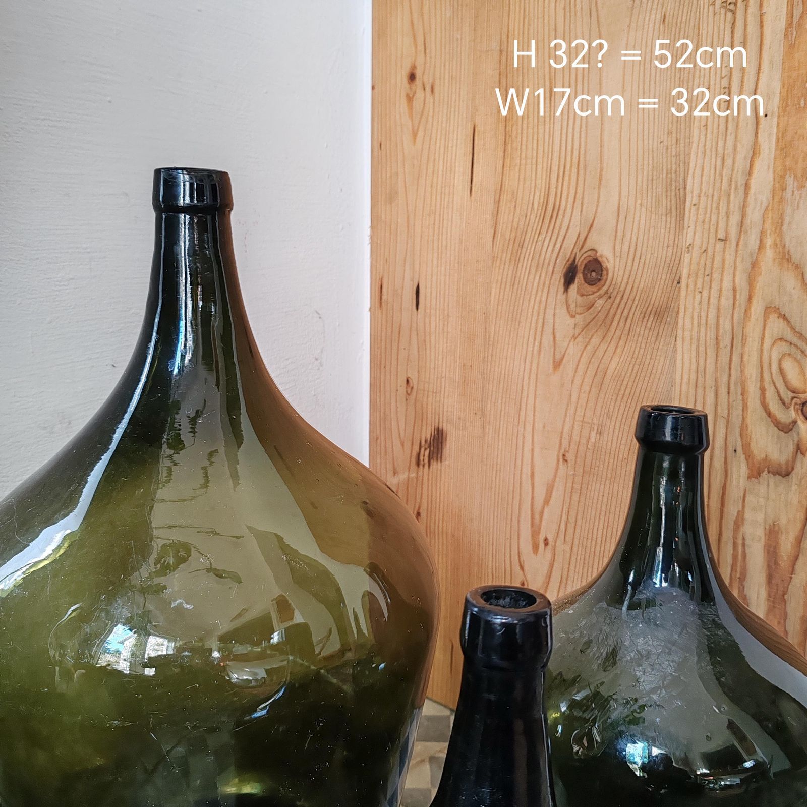 Set Of 3 Antique Green Demijohn Wine Bottles – 70 Year Old Hand Blown Glass, Rustic Farmhouse Decor, Garden Vase, Reclaimed Hungarian Cellar photo for sale