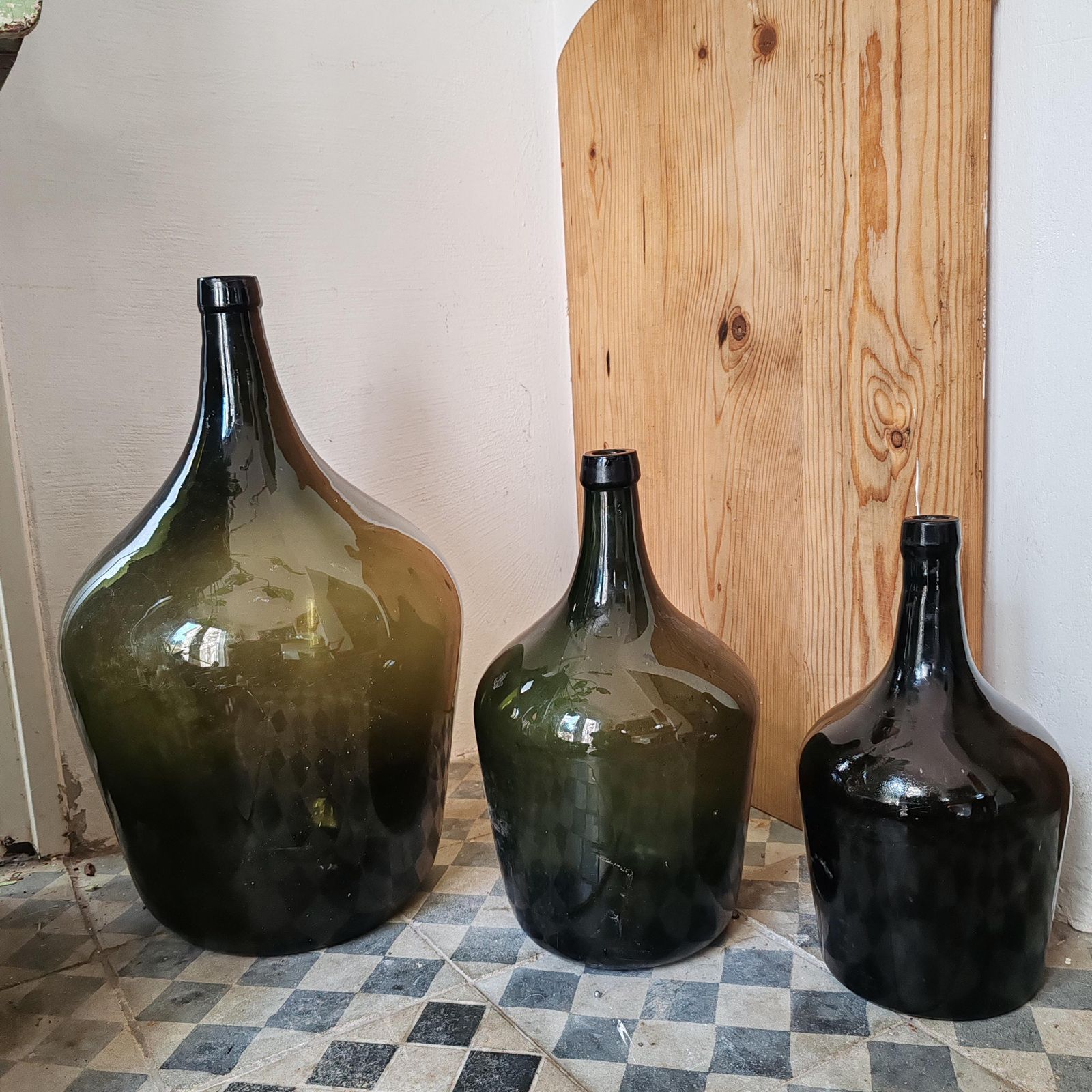 Set Of 3 Antique Green Demijohn Wine Bottles – 70 Year Old Hand Blown Glass, Rustic Farmhouse Decor, Garden Vase, Reclaimed Hungarian Cellar photo vintage