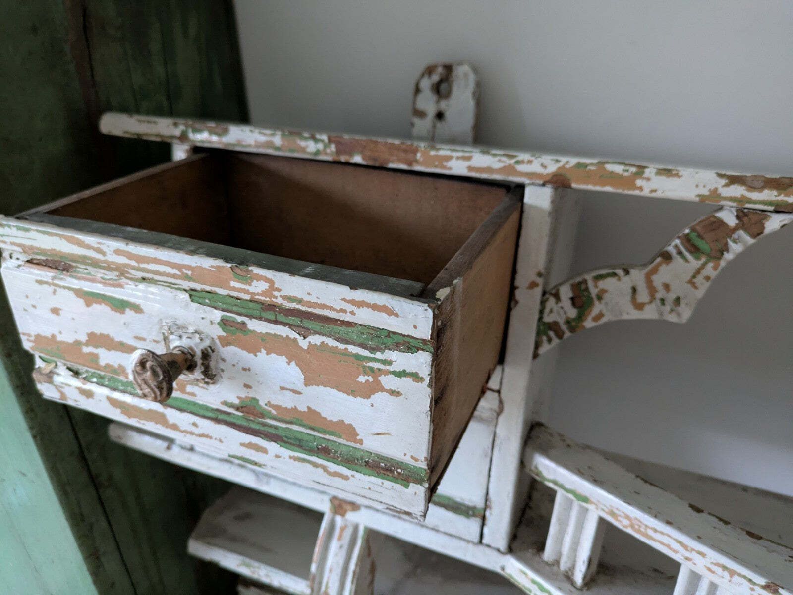 Antique 1900s Shelving Rack Wall Shelf Shelves Drawers Chippy Distressed Hooks photo 250.0