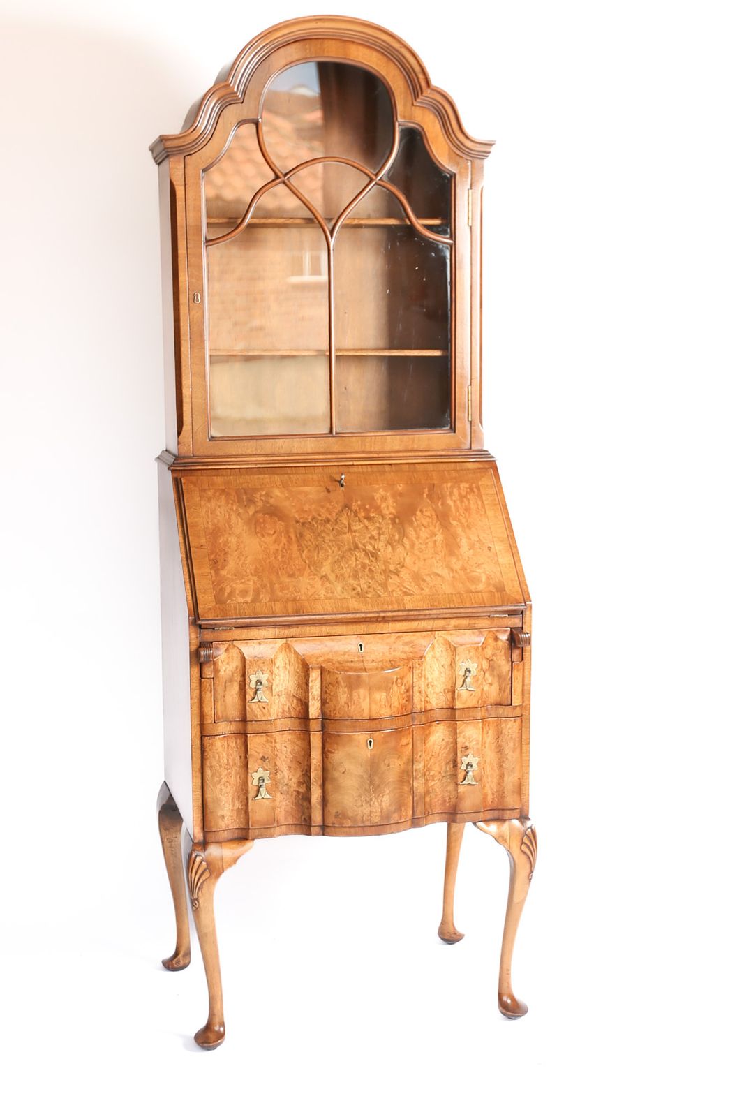 Queen Anne Style Burr Walnut Bureau Bookcase Circa 1920s