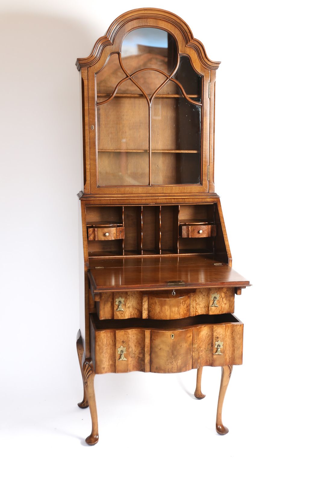 Queen Anne Style Burr Walnut Bureau Bookcase Circa 1920s photo buy