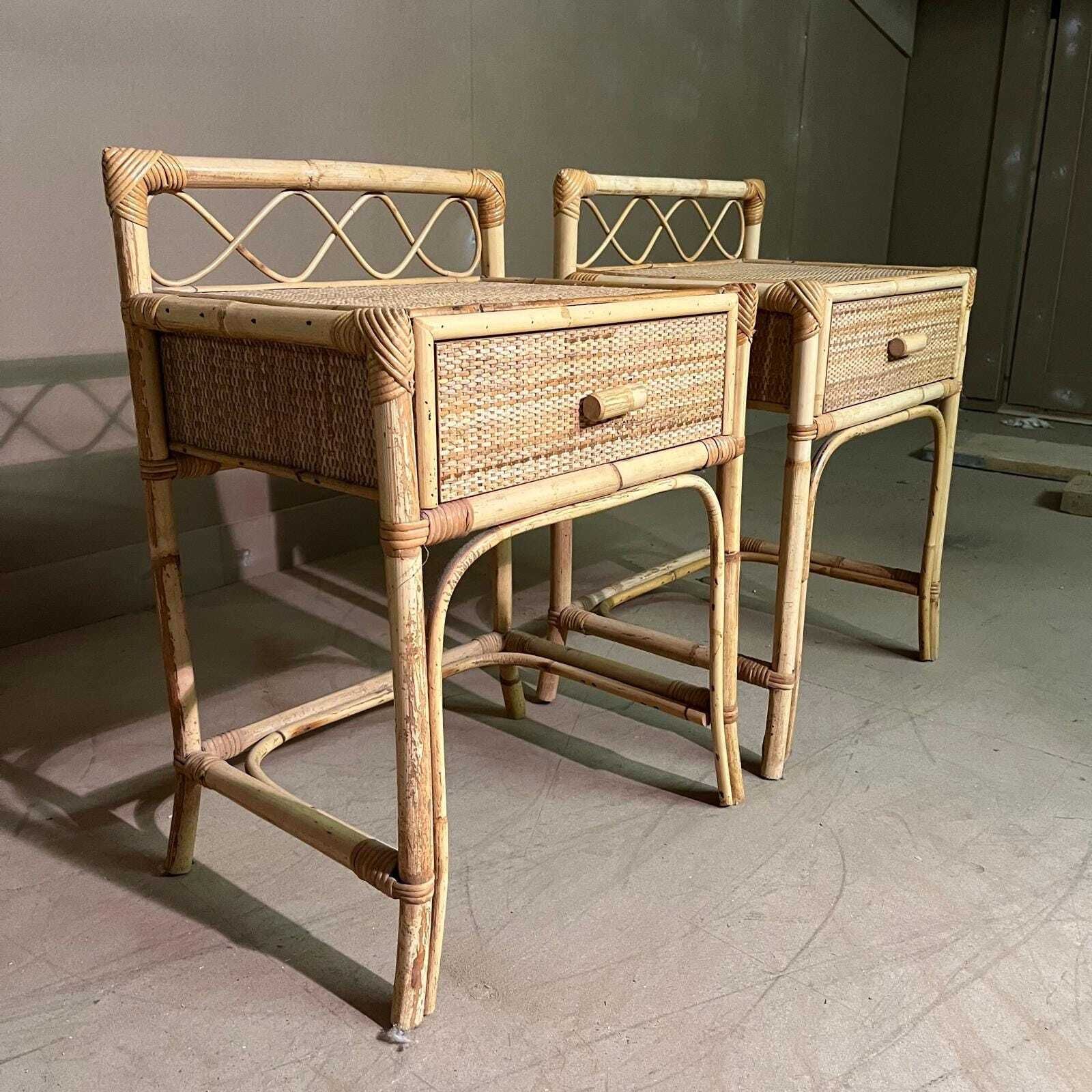 A Pair Of Cane Bedside Cabinets With Drawer And Back Detail photo buy