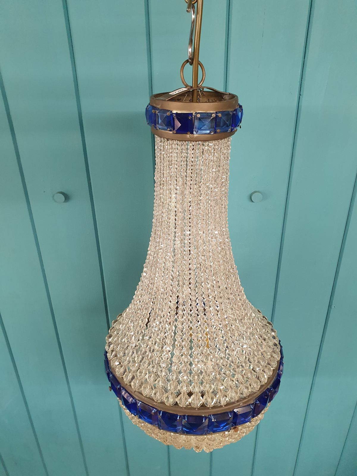 Early 20th Century Bead Chandelier With Blue Prisms At The Top And Centre 10" photo for sale