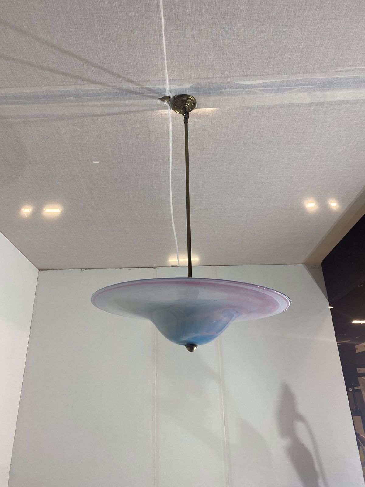 Handmade Swirl Murano Glass Ceiling Lamp Pastel Pink Blue Italian Brass 1980s 1970s photo for sale