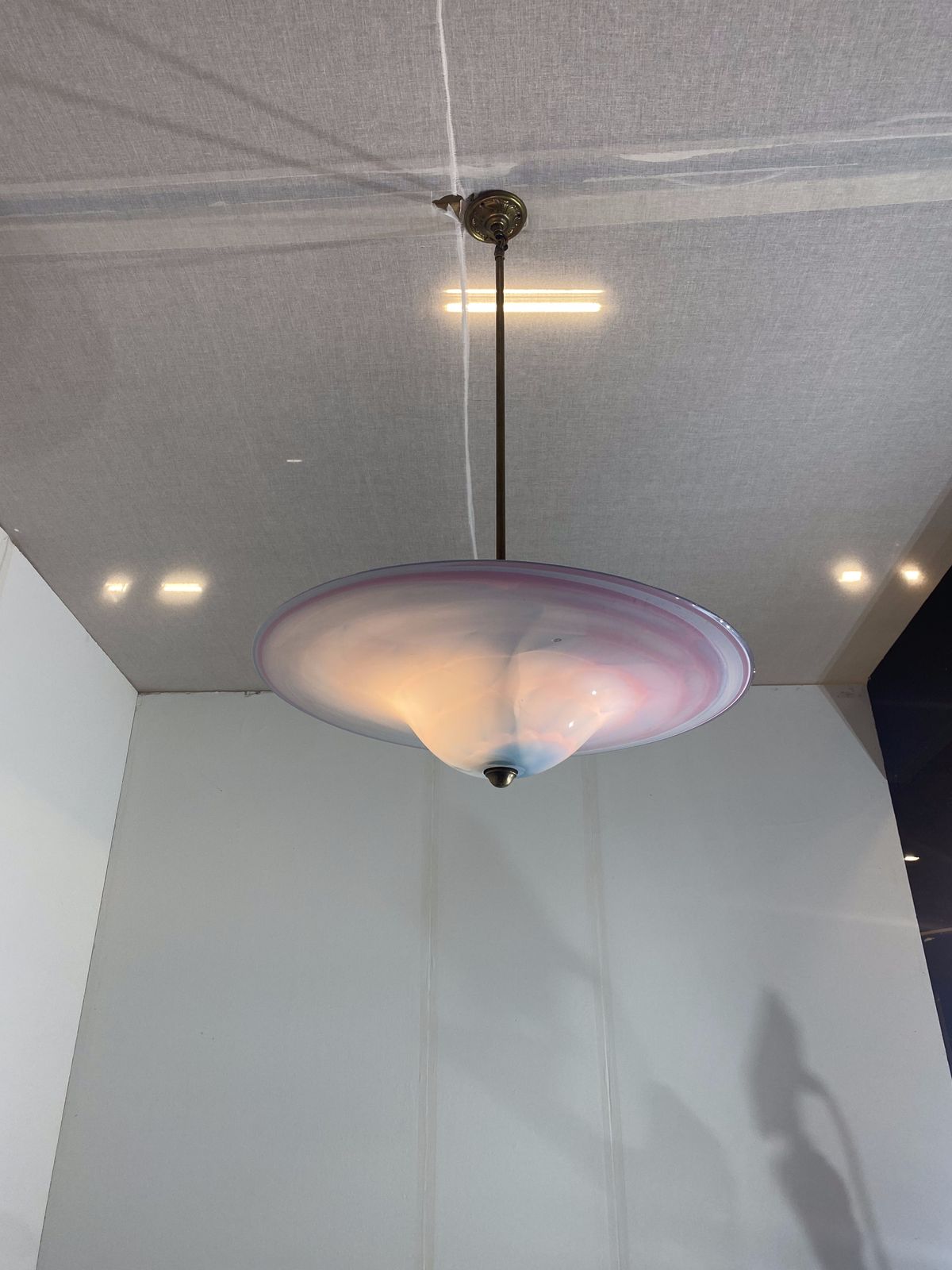 Handmade Swirl Murano Glass Ceiling Lamp Pastel Pink Blue Italian Brass 1980s 1970s