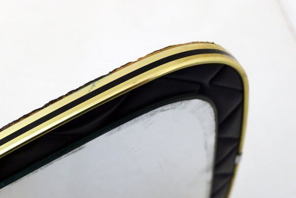 Mid Century Free Form Wall Mirror With Quilted Black Imitation Leather Frame & Gold Metal, 1950s photo Home Decor