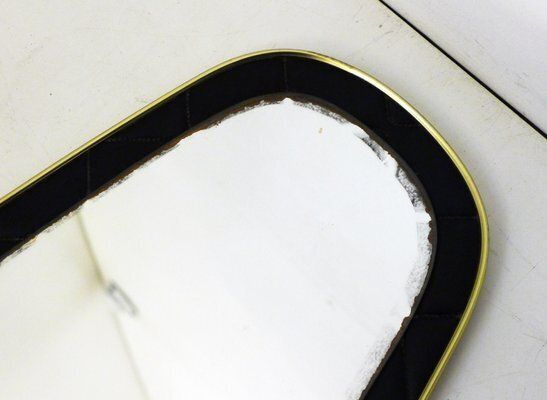 Mid Century Free Form Wall Mirror With Quilted Black Imitation Leather Frame & Gold Metal, 1950s photo buy