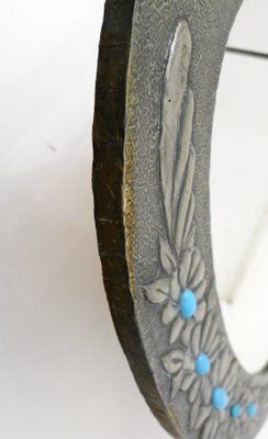 Oval Wall Mirror With Pewter Frame Decorated With Large Flowers In Relief, With Turquoise Heart, 1950s photo for sale