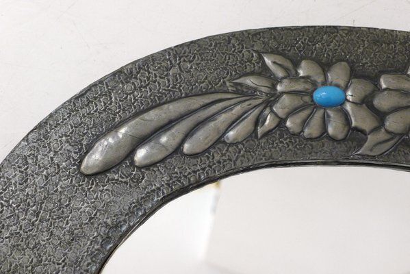 Oval Wall Mirror With Pewter Frame Decorated With Large Flowers In Relief, With Turquoise Heart, 1950s photo buy