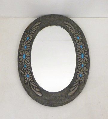Oval Wall Mirror With Pewter Frame Decorated With Large Flowers In Relief, With Turquoise Heart, 1950s