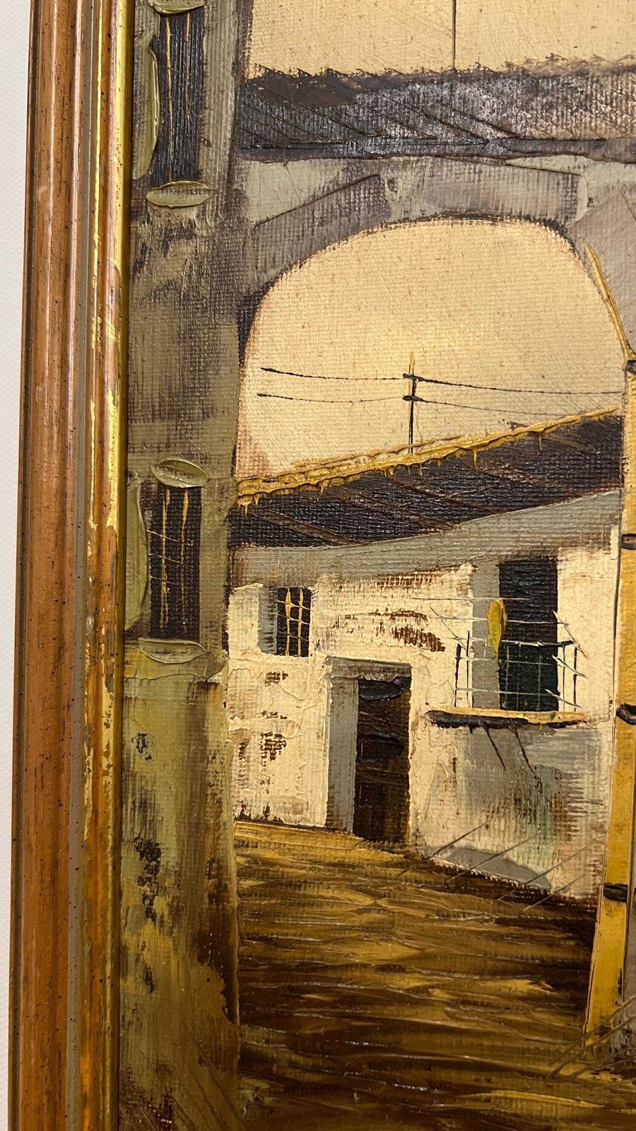 Mid Century Oil On Canvas Painting – European Village Scene photo Art