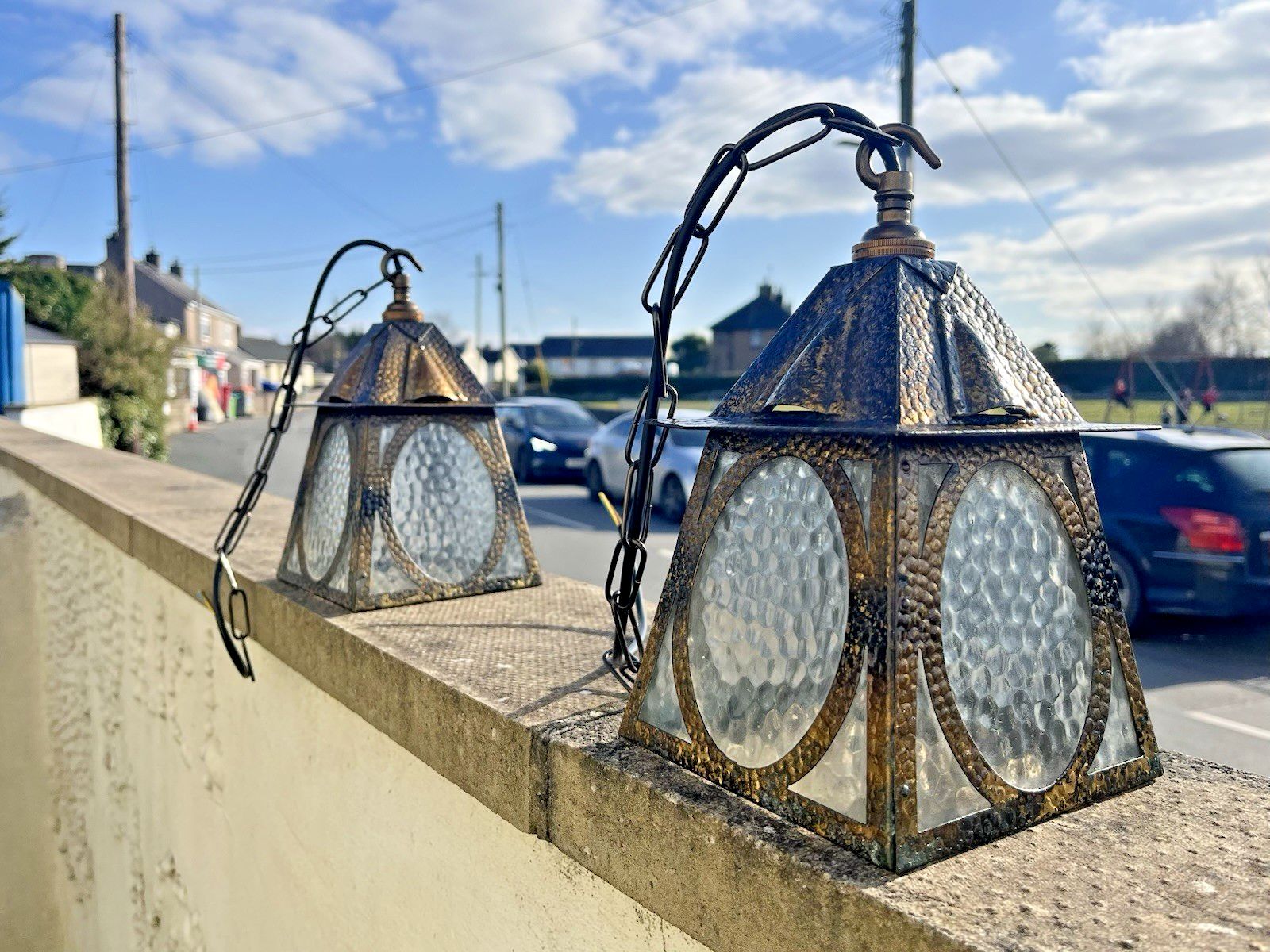 Pair Of Antique Arts & Crafts Textured Brass & Glass Porch Lanterns Lamps Lights photo Lighting