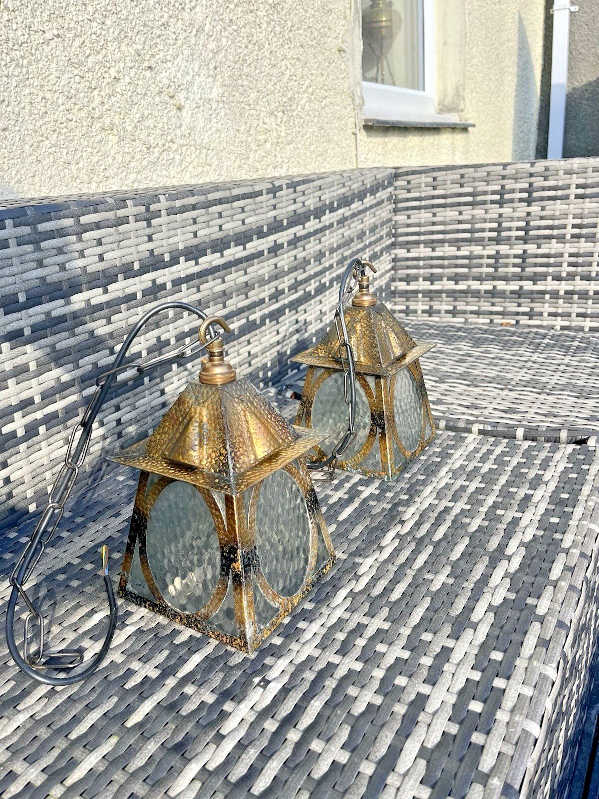 Pair Of Antique Arts & Crafts Textured Brass & Glass Porch Lanterns Lamps Lights photo vinterior