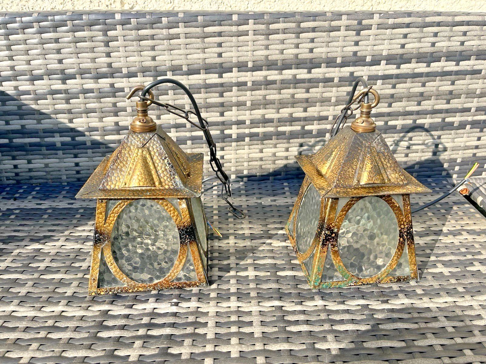photo furniture Pair Of Antique Arts & Crafts Textured Brass & Glass Porch Lanterns Lamps Lights