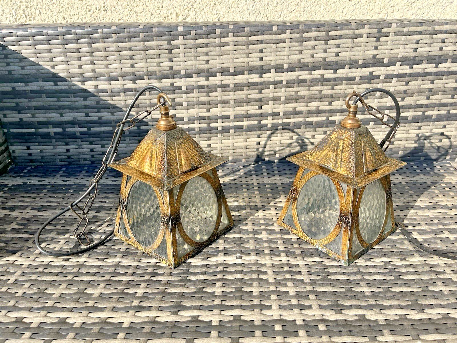 Lighting Pair Of Antique Arts & Crafts Textured Brass & Glass Porch Lanterns Lamps Lights photo