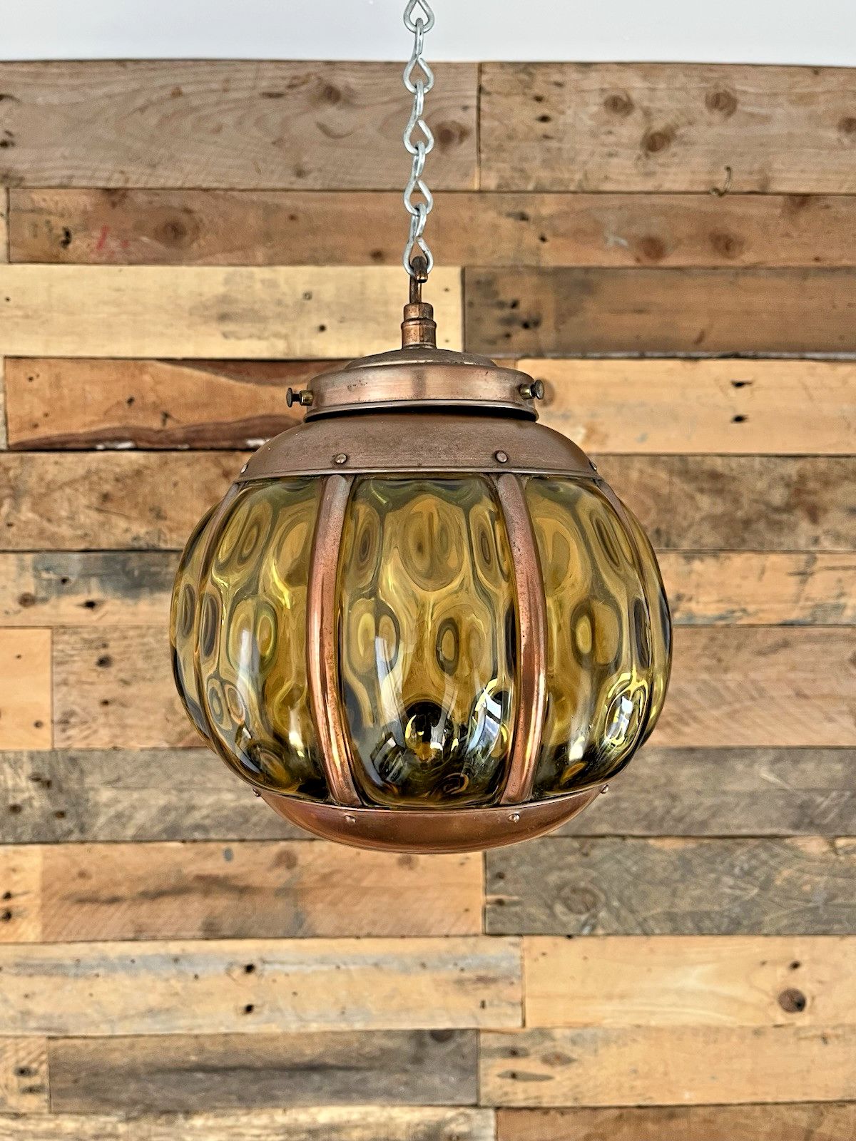 Mid Century Amber Copper Cage Blown Glass Onion Light Lantern 60's Scandi Dutch photo furniture