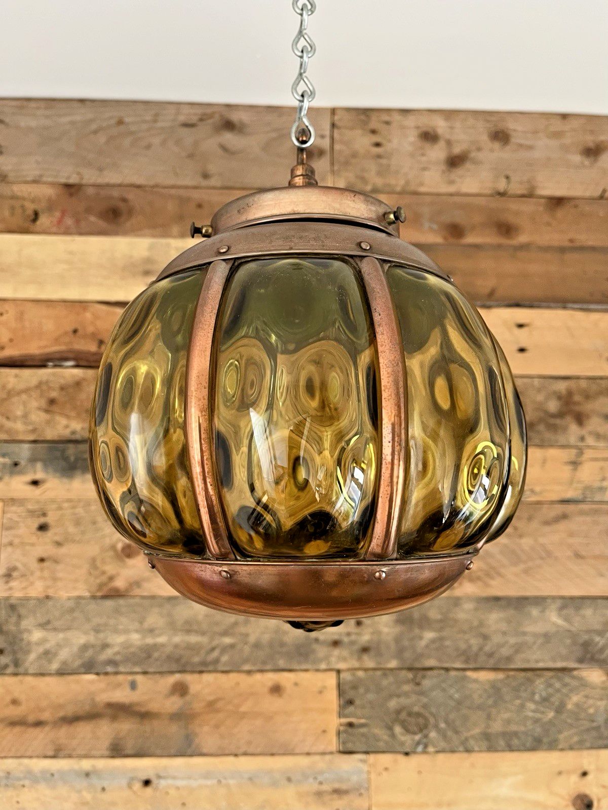 Mid Century Amber Copper Cage Blown Glass Onion Light Lantern 60's Scandi Dutch photo vinterior