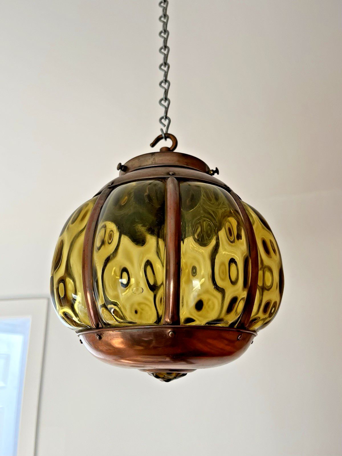 Mid Century Amber Copper Cage Blown Glass Onion Light Lantern 60's Scandi Dutch photo buy