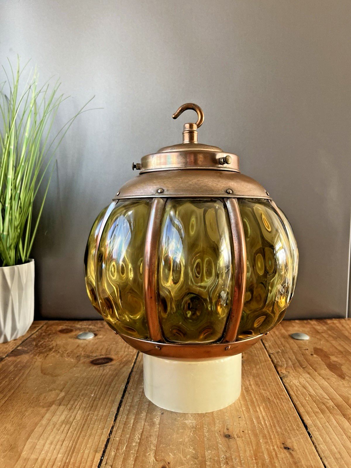 240.0 Mid Century Amber Copper Cage Blown Glass Onion Light Lantern 60's Scandi Dutch photo
