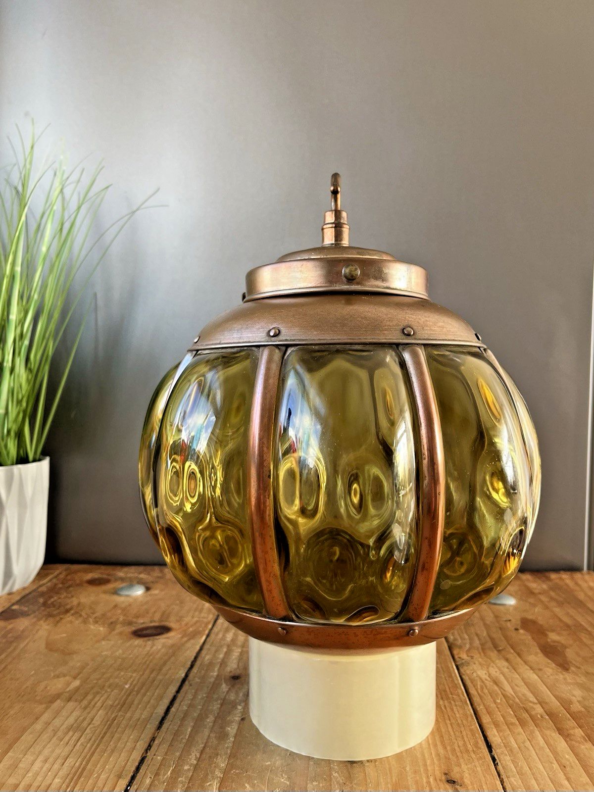 photo vintage Mid Century Amber Copper Cage Blown Glass Onion Light Lantern 60's Scandi Dutch