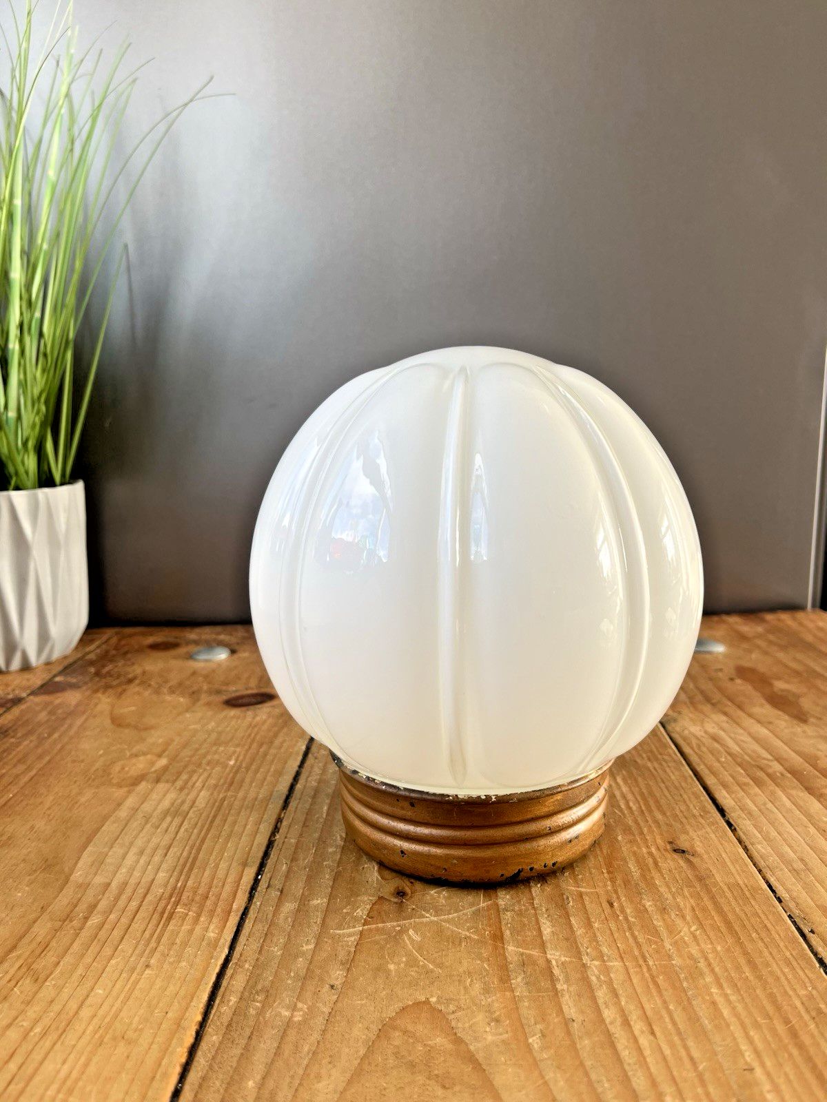 Art Deco Fluted Pumpkin Opaline Glass Globe Ceiling Light Lamp Shade & Gallery photo for sale