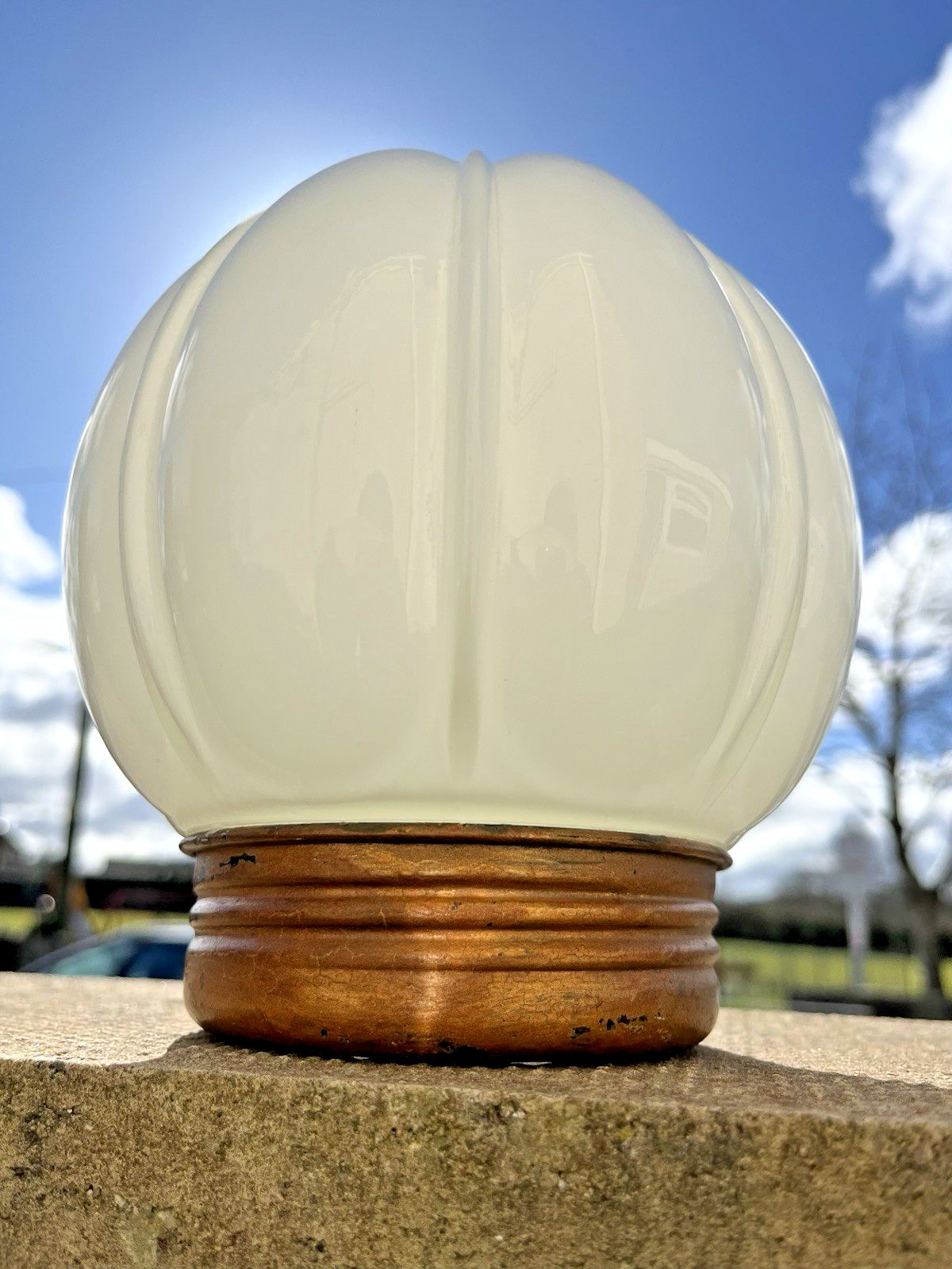 Lighting Art Deco Fluted Pumpkin Opaline Glass Globe Ceiling Light Lamp Shade & Gallery photo