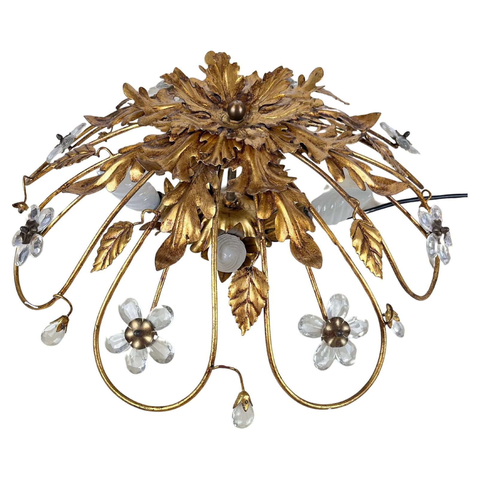Banci Ceiling Light In Gilded Iron And Crystal Flowers Italian Design 1980s