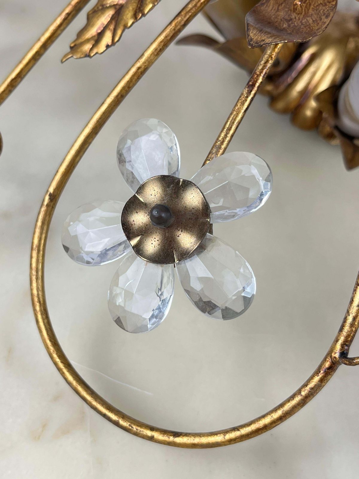 Banci Ceiling Light In Gilded Iron And Crystal Flowers Italian Design 1980s photo vinterior
