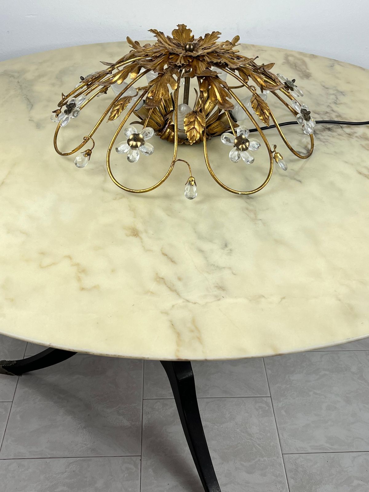 Banci Ceiling Light In Gilded Iron And Crystal Flowers Italian Design 1980s photo buy