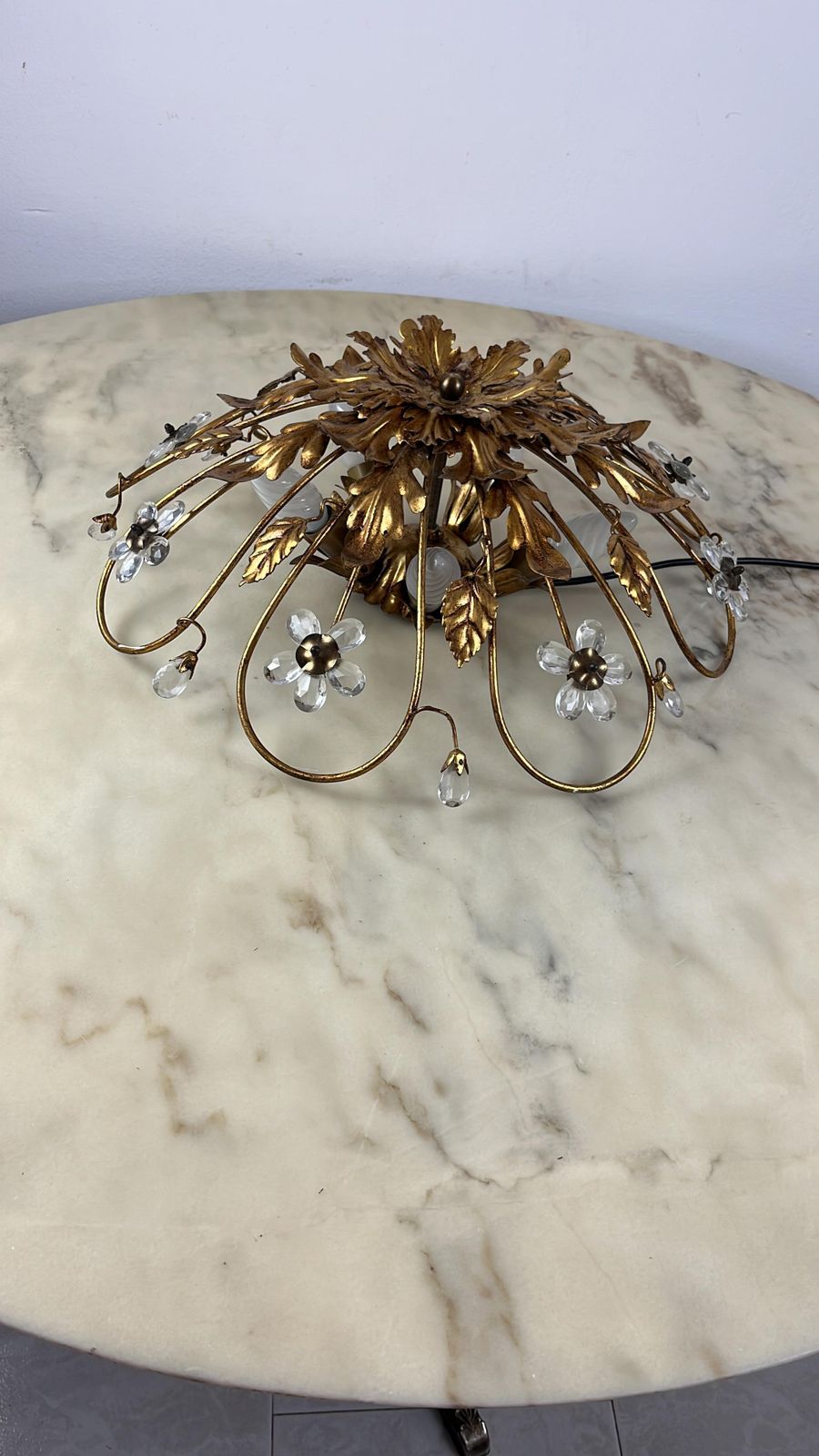 Lighting Banci Ceiling Light In Gilded Iron And Crystal Flowers Italian Design 1980s photo