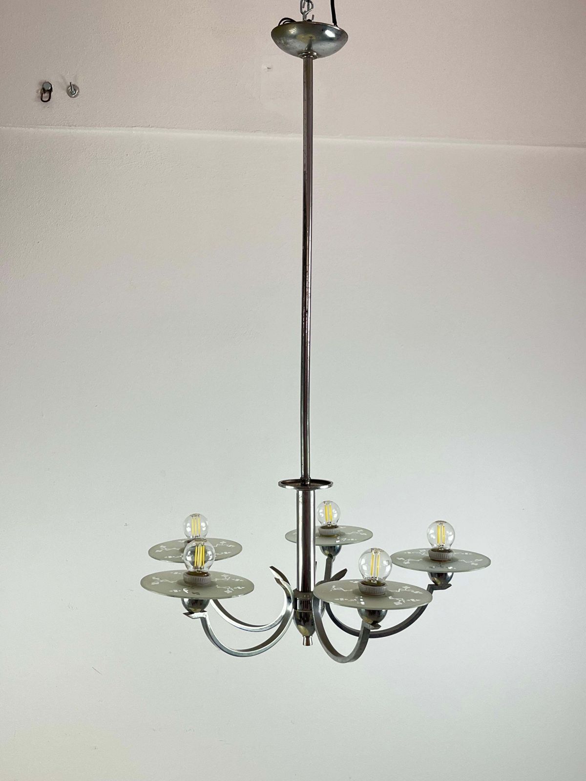 5 Light Metal And Glass Chandelier, Italy, 1940s photo furniture