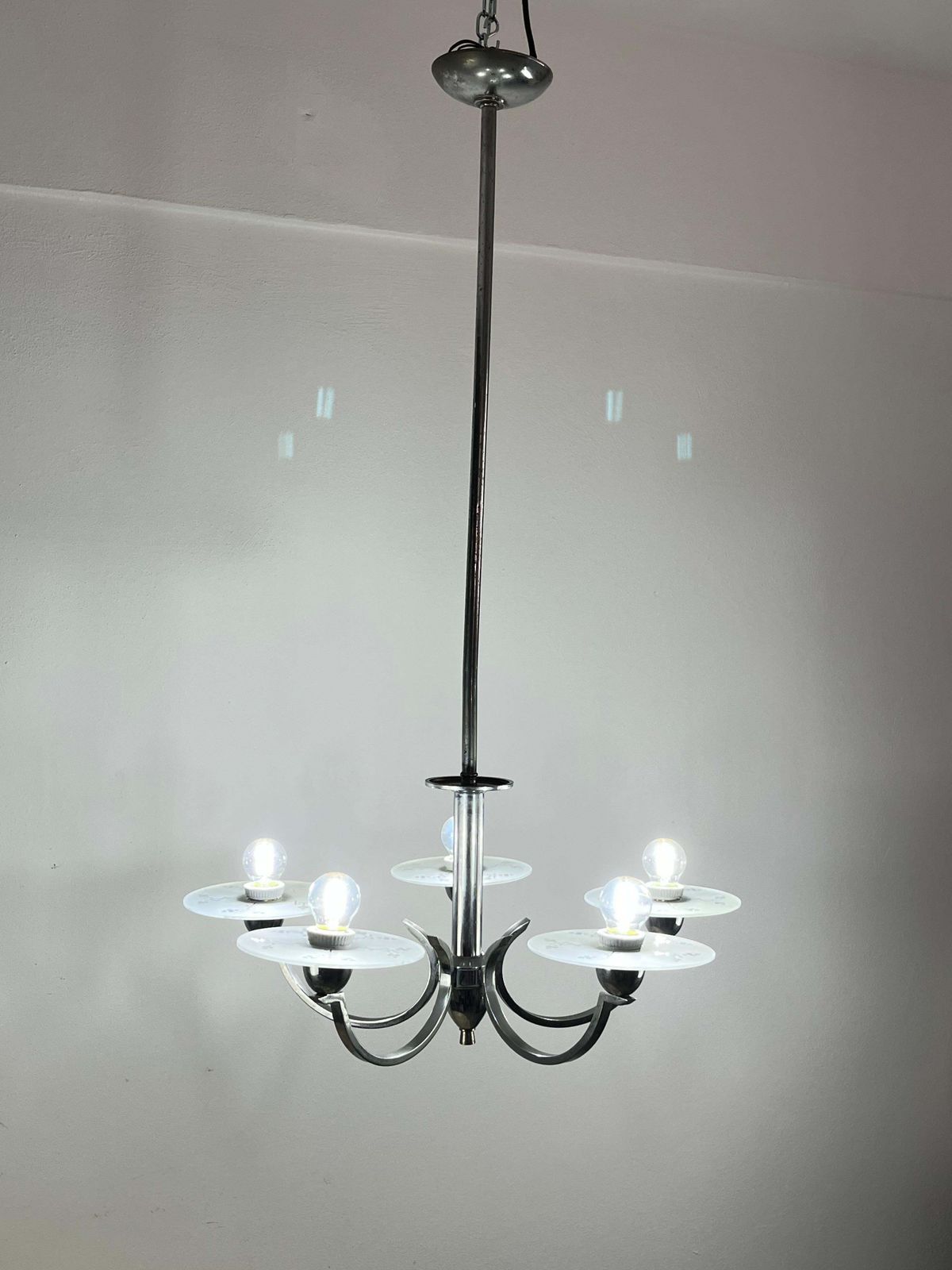 5 Light Metal And Glass Chandelier, Italy, 1940s photo for sale