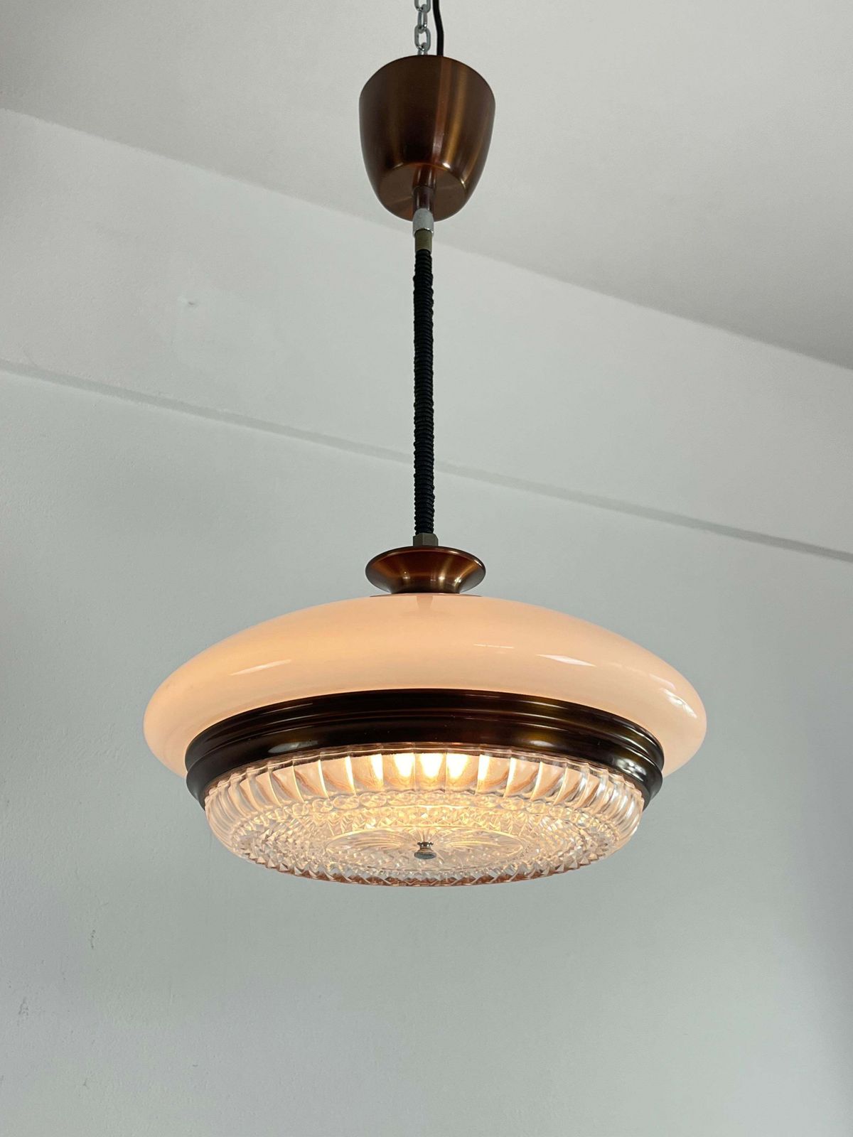 Mid Century Opaline Glass And Crystal Chandelier, 1960s photo vintage