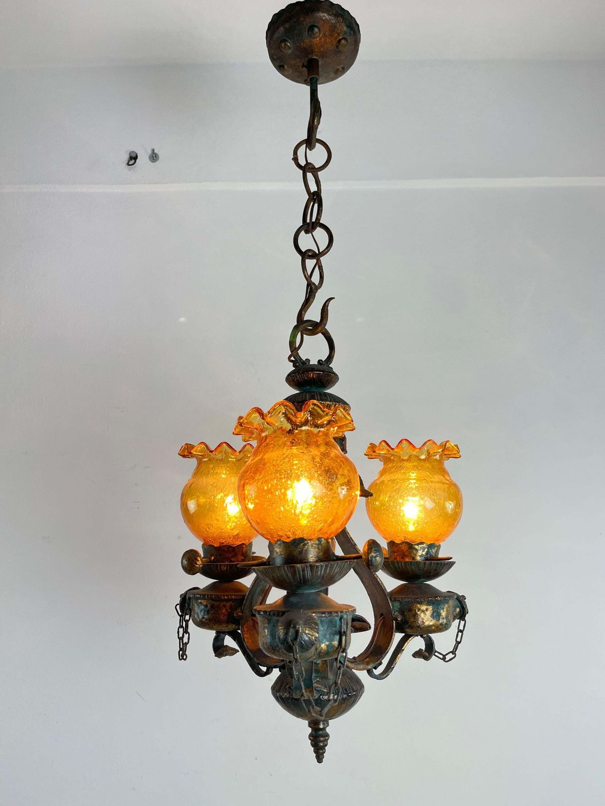 Mid Century Brutalist Iron And Glass Chandelier  1960s photo furniture