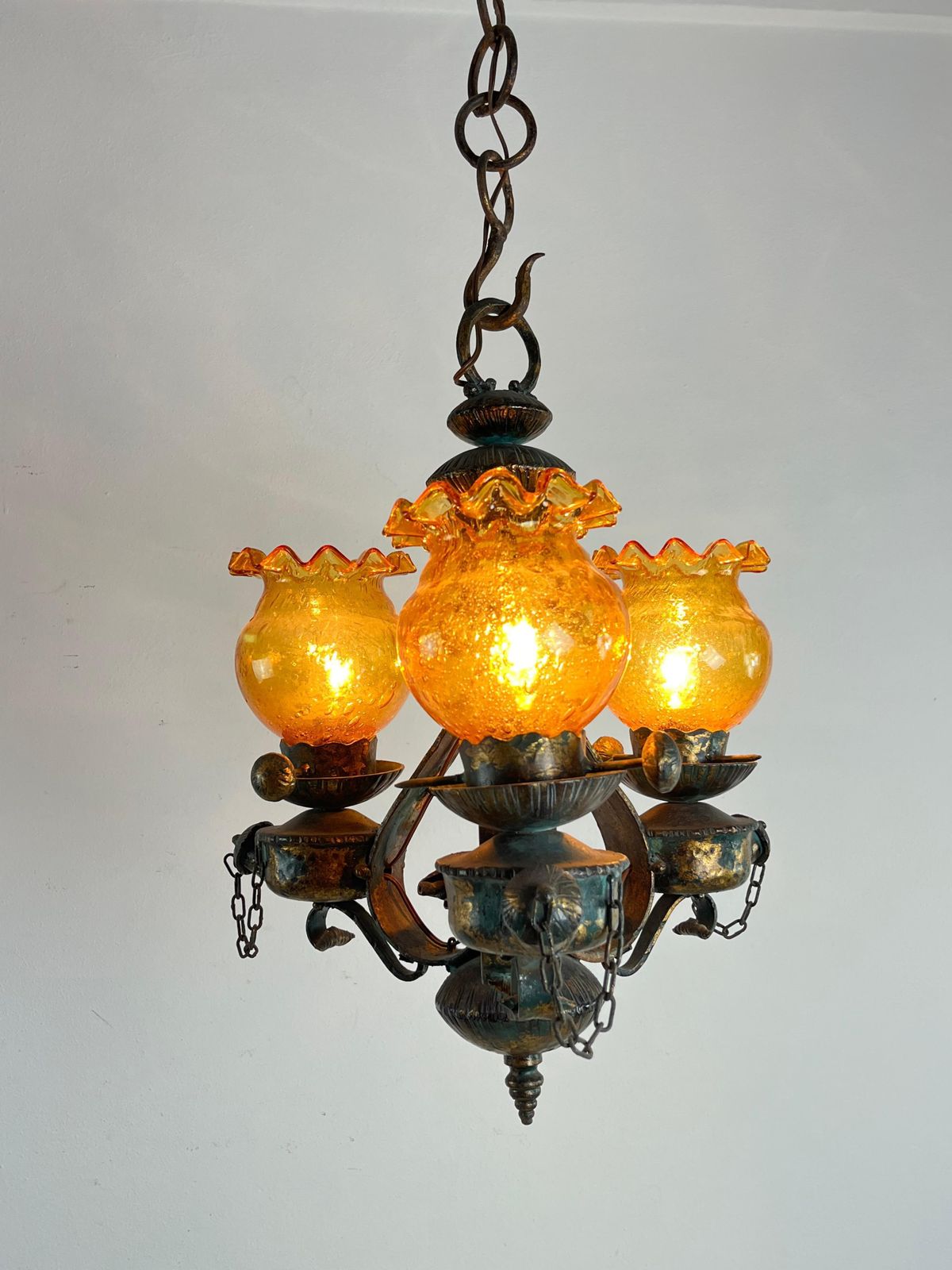 Mid Century Brutalist Iron And Glass Chandelier  1960s photo Lighting