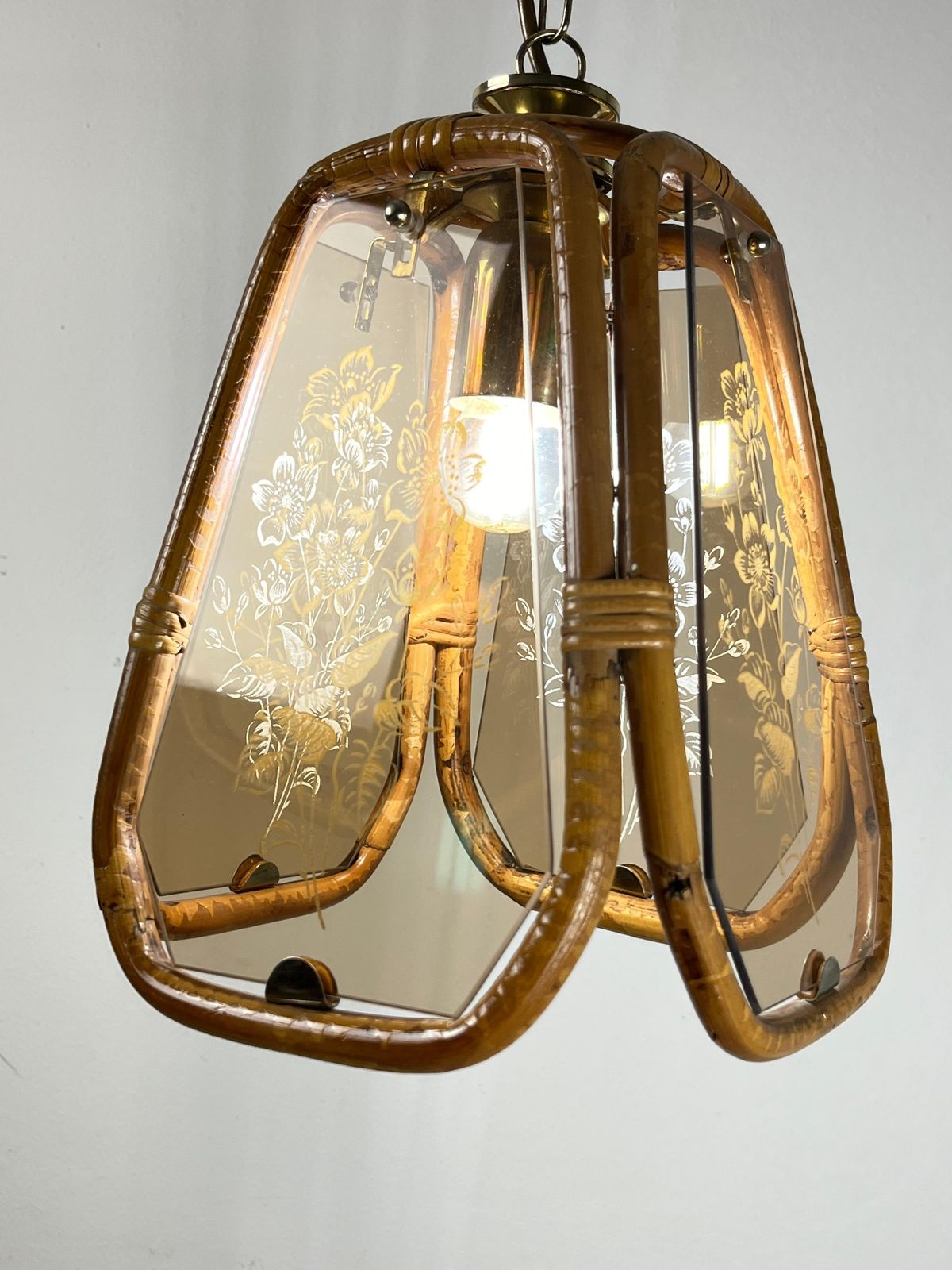 Hand Engraved Bamboo And Murano Glass Chandelier, Italy, 1950s photo for sale