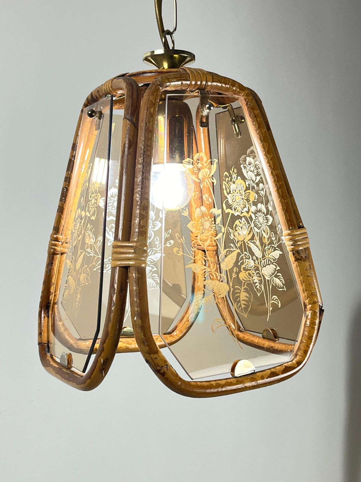 Hand Engraved Bamboo And Murano Glass Chandelier, Italy, 1950s photo 1067.0