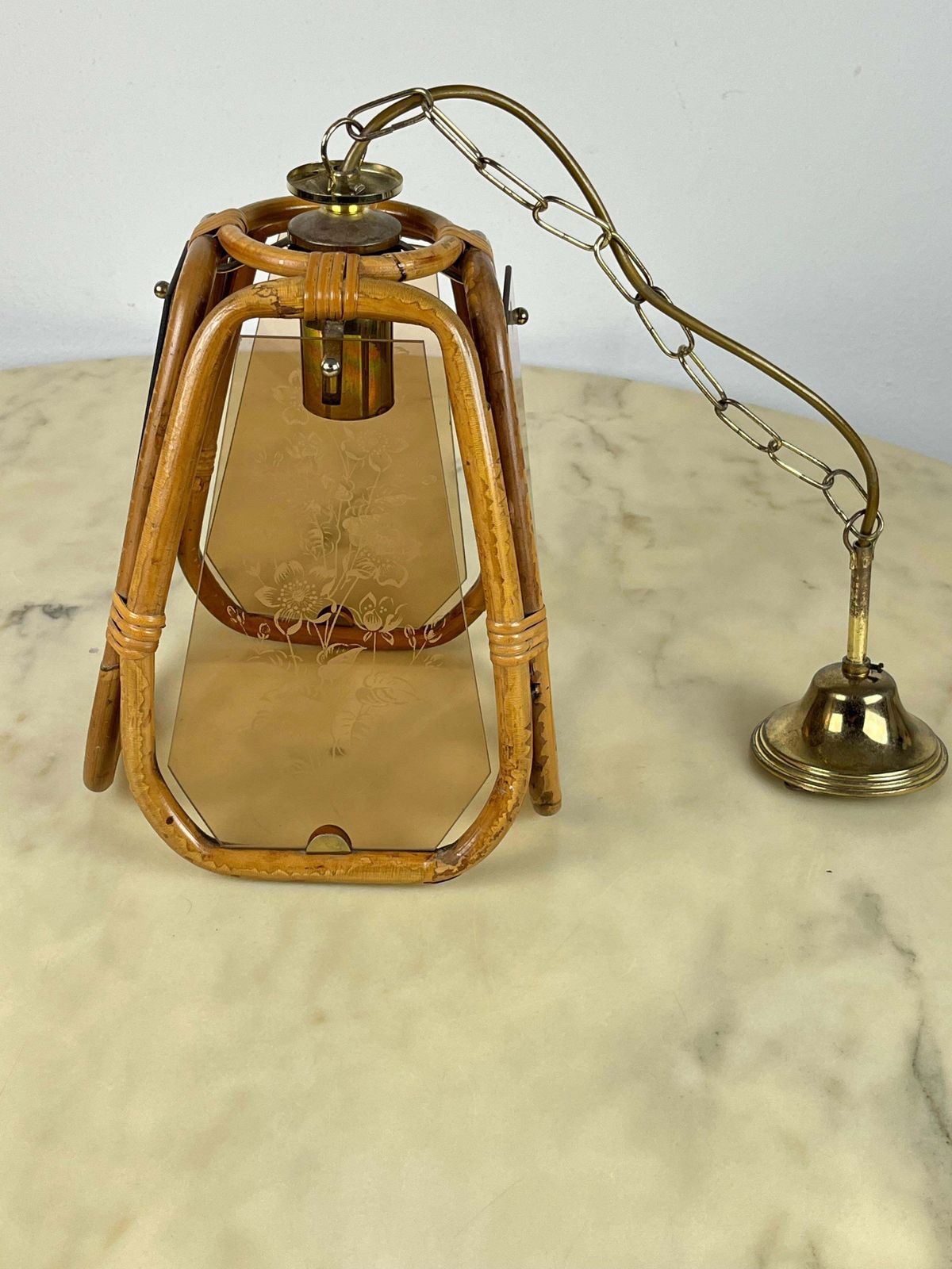 Hand Engraved Bamboo And Murano Glass Chandelier, Italy, 1950s photo buy