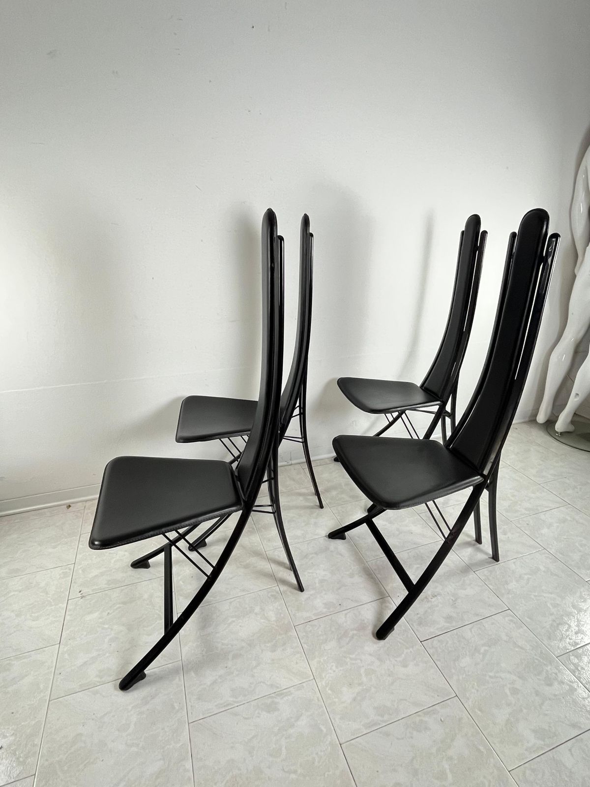Vintage Set Of 4 Steel And Leather Chairs Attributed To Recanatini 1980s photo for sale
