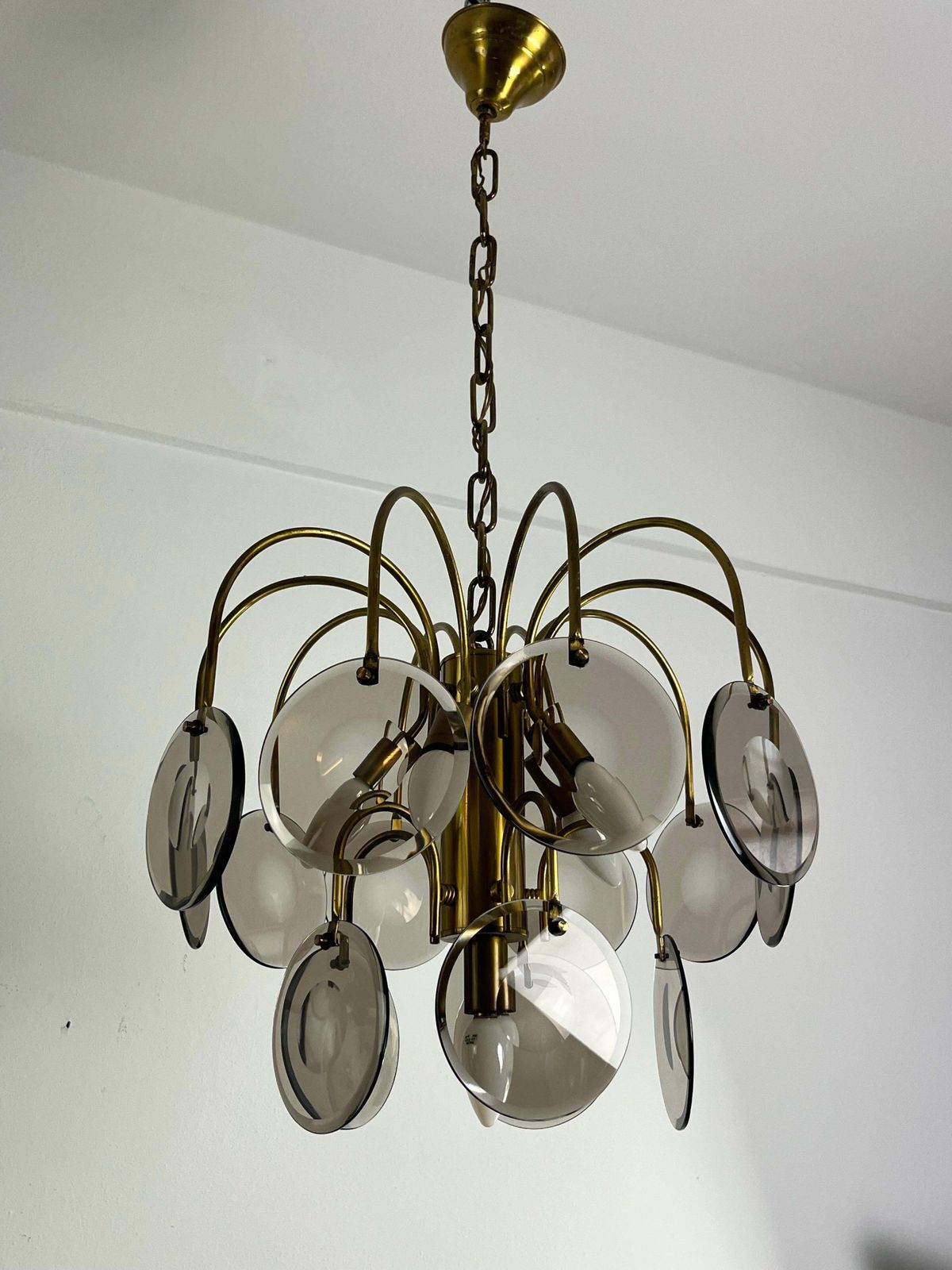 Murano Glass And Brass Chandelier Vistosi Design 6 Lights 1970s photo vintage