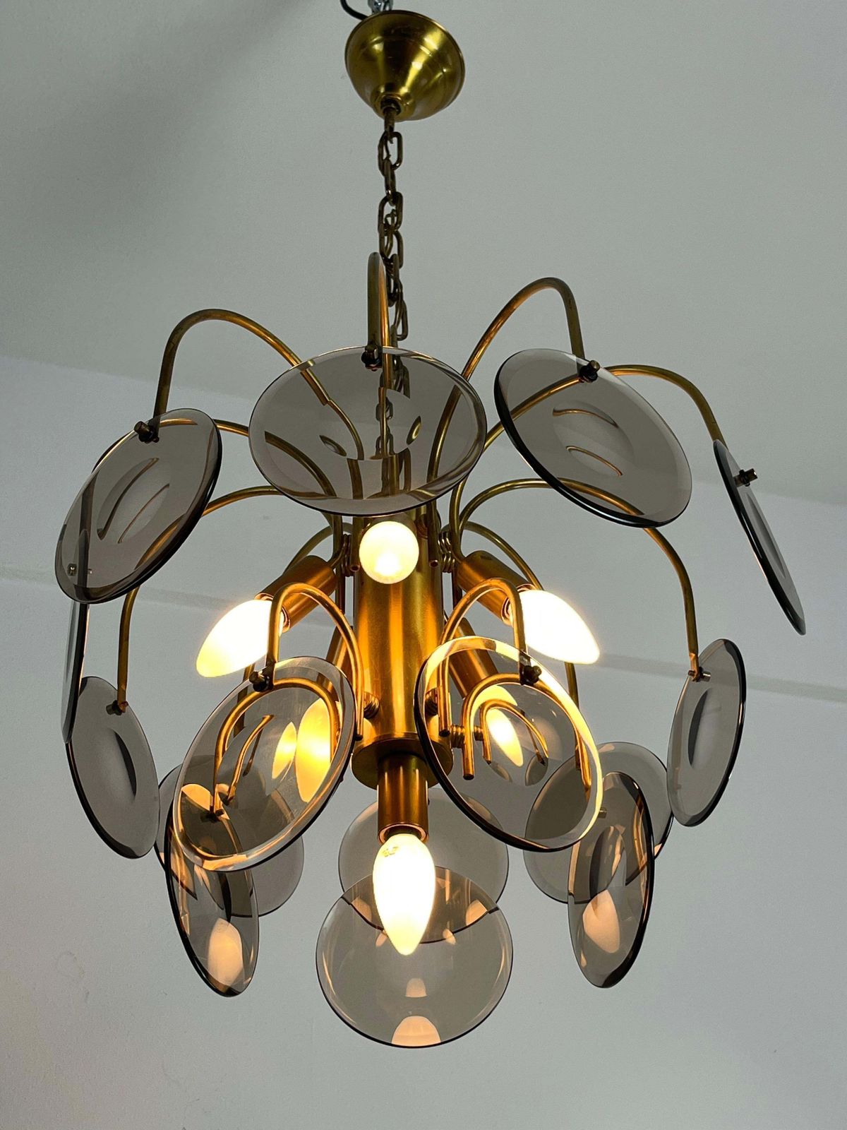 photo for sale Murano Glass And Brass Chandelier Vistosi Design 6 Lights 1970s