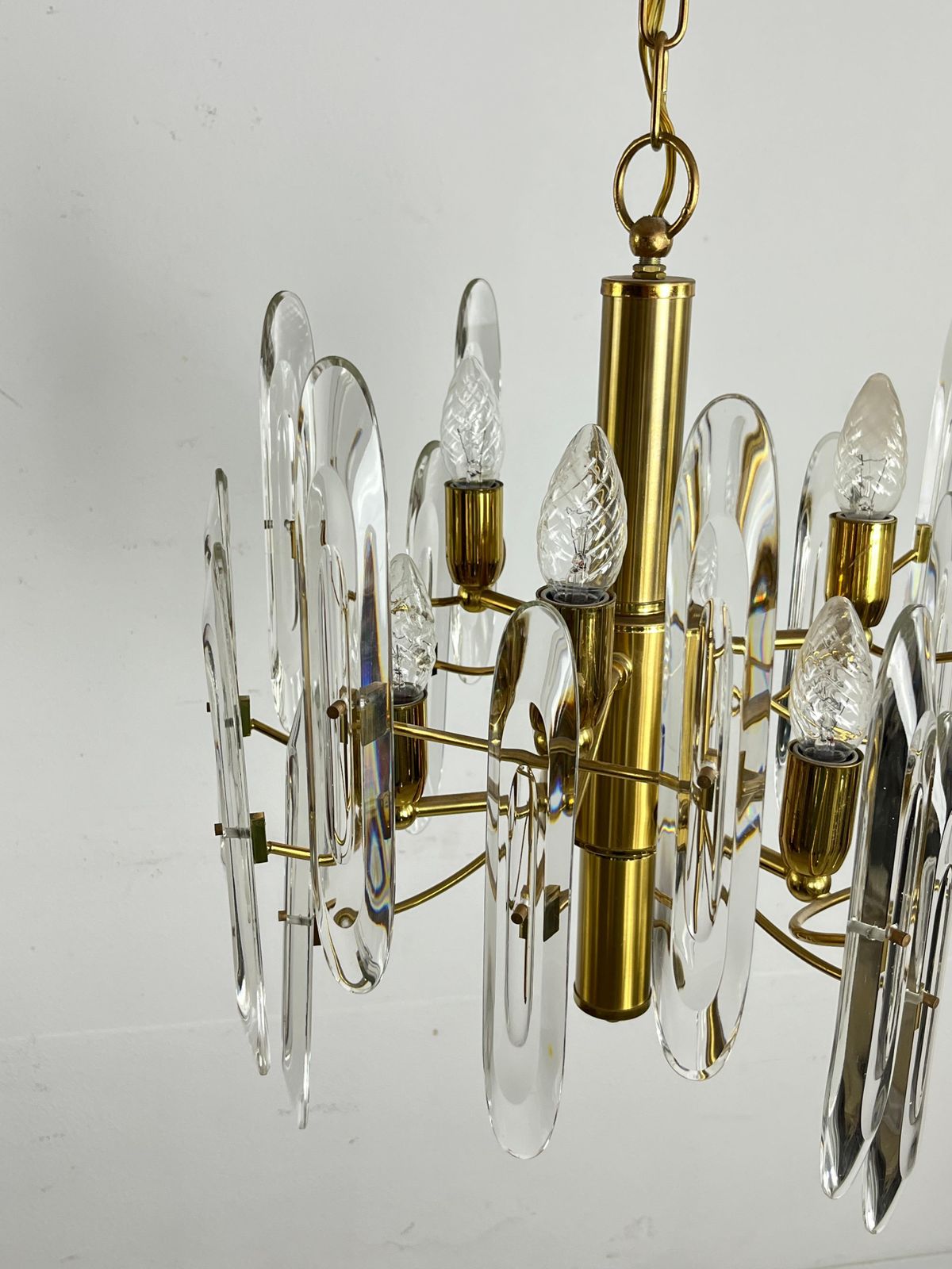 Mid Century 6 Light Brass And Crystal Chandelier Attributed To Sciolari 1960s photo vintage