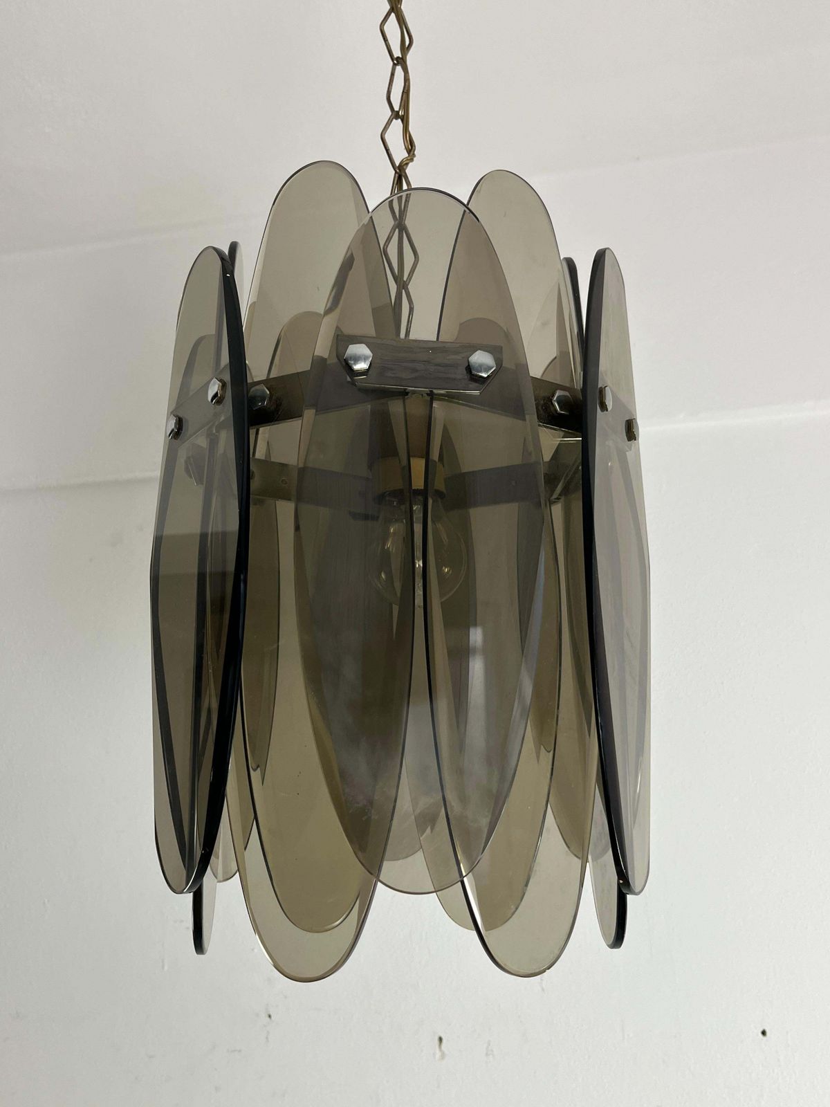 Mid Century Smoked Glass Chandelier With 12 Petals In The Style Of Max Ingrand photo furniture