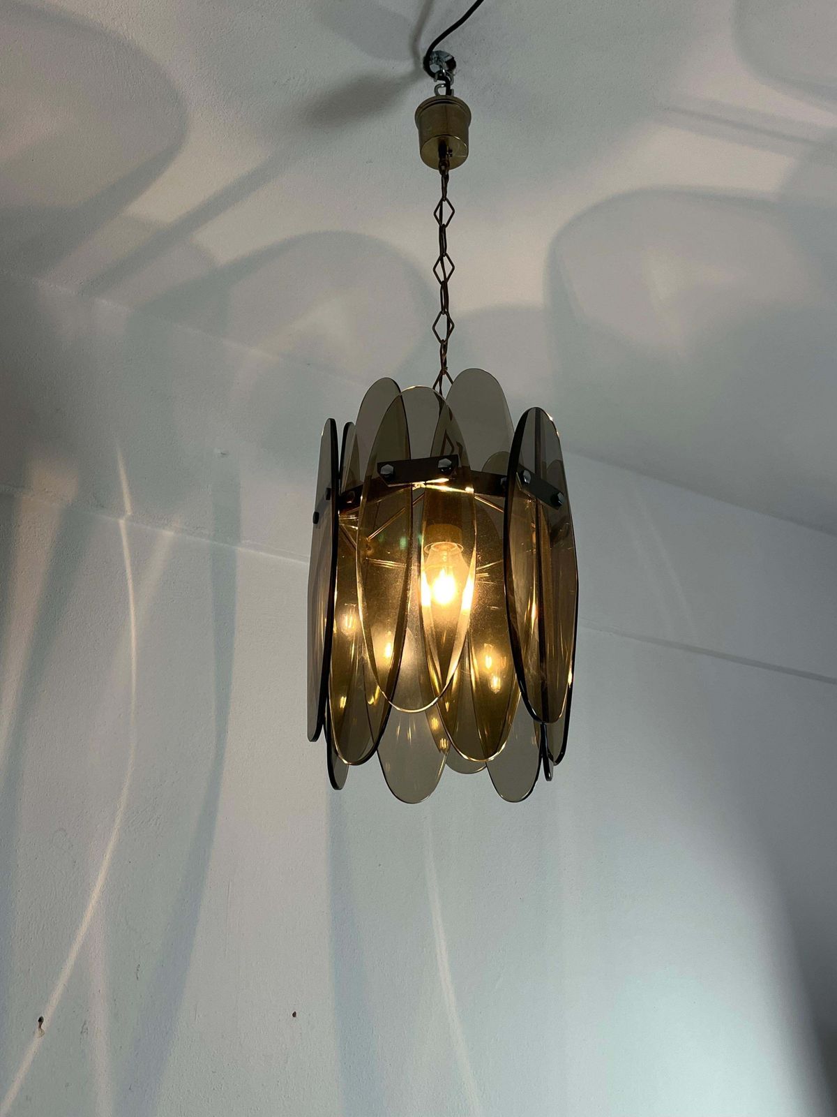 Mid Century Smoked Glass Chandelier With 12 Petals In The Style Of Max Ingrand photo for sale