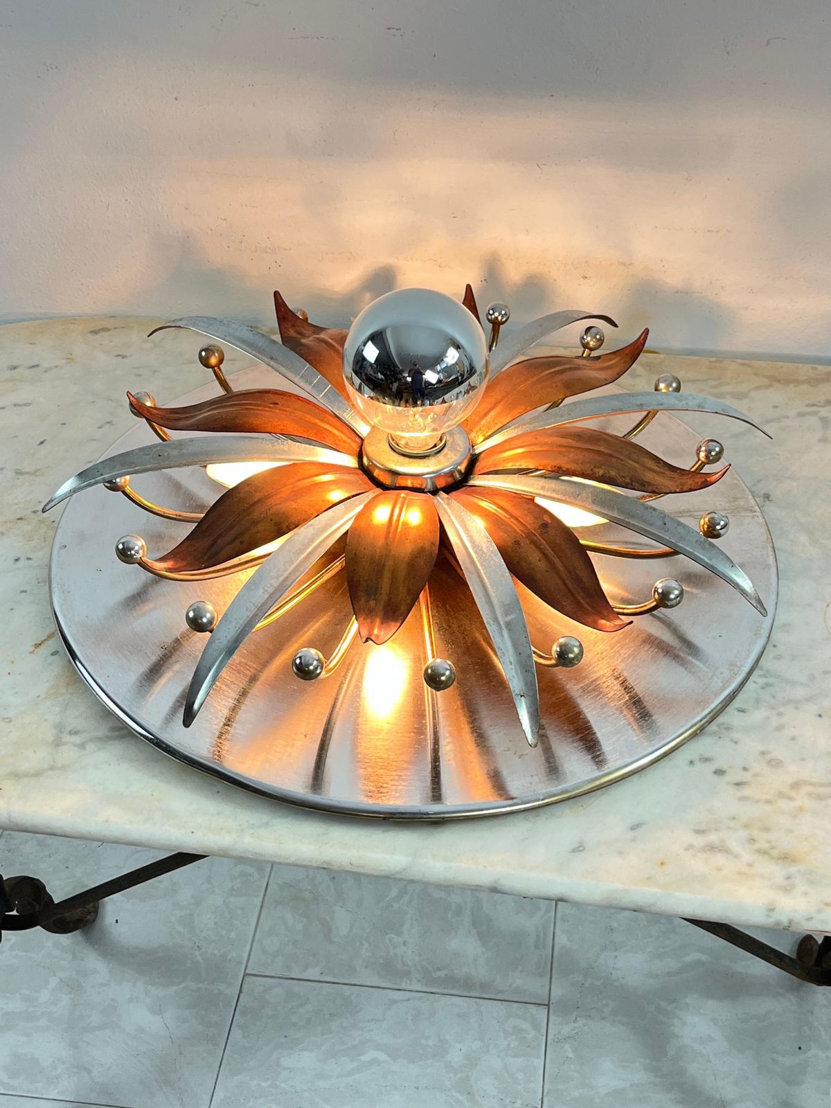 Mid Century Steel And Copper 5 Light Ceiling Light, Made In Italy 1960s photo furniture