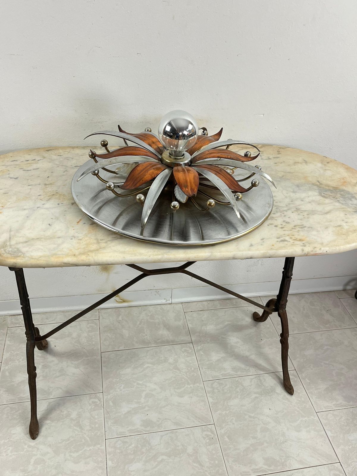 Mid Century Steel And Copper 5 Light Ceiling Light, Made In Italy 1960s photo Lighting